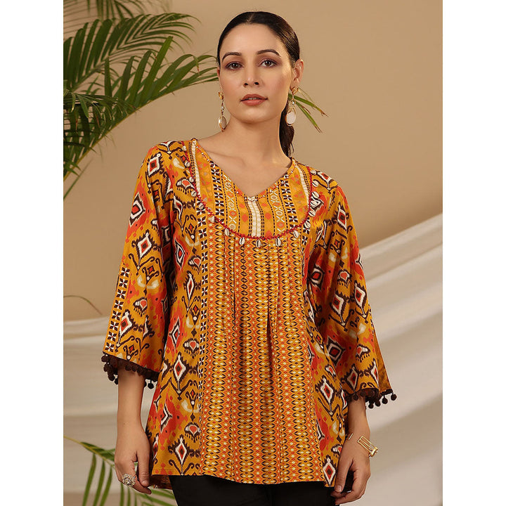 Juniper Mustard Rayon Ikat Printed A-Line Lacy Tunic With Pintucks At Works & Beadwork