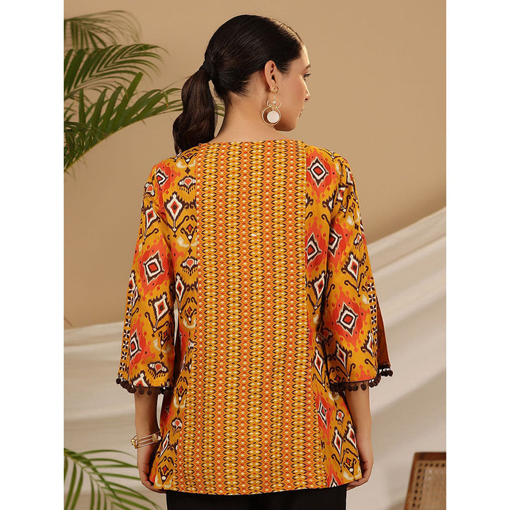 Juniper Mustard Rayon Ikat Printed A-Line Lacy Tunic With Pintucks At Works & Beadwork