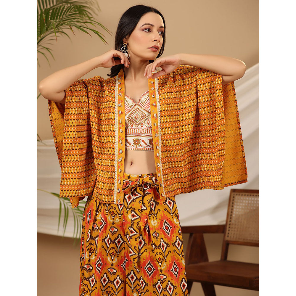 Juniper Mustard Ikat Printed & Tribal Embroidered Rayon Co-Ord Set (Set of 3)