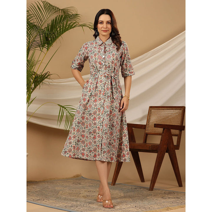 Juniper Ivory Floral Printed Pure Cotton A-line Dress & Belt with Beads & Sequins Work