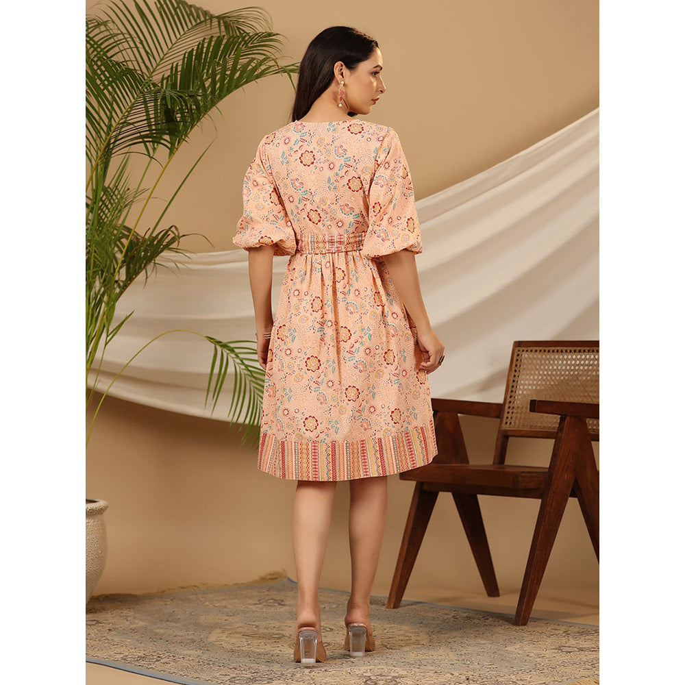 Juniper Peach Floral Printed Pure Cotton Short Dress with Belt & Beads Work