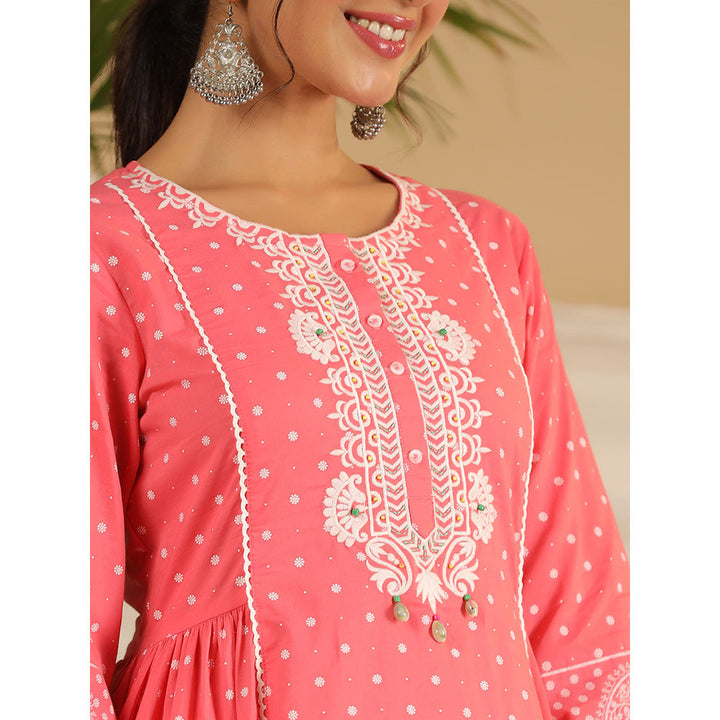 Juniper Pure Cotton Coral Ethnic Motif Printed Kurta With Palazzo With Embroidery (Set of 3)