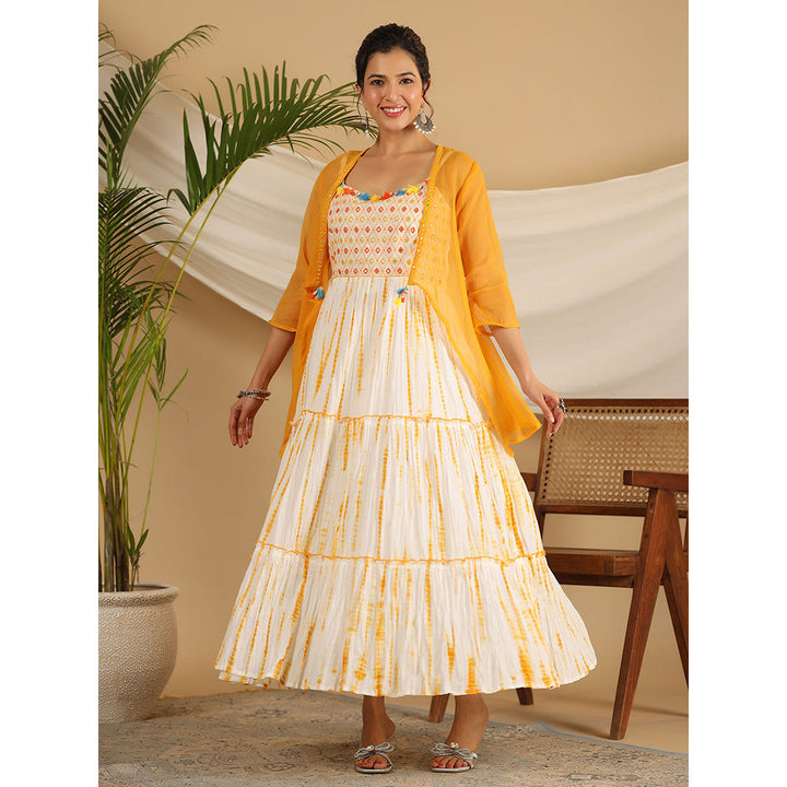 Juniper Mustard Tie-Dye Tiered & Layered Pure Cotton Dress With Mirror Work (Set of 2)