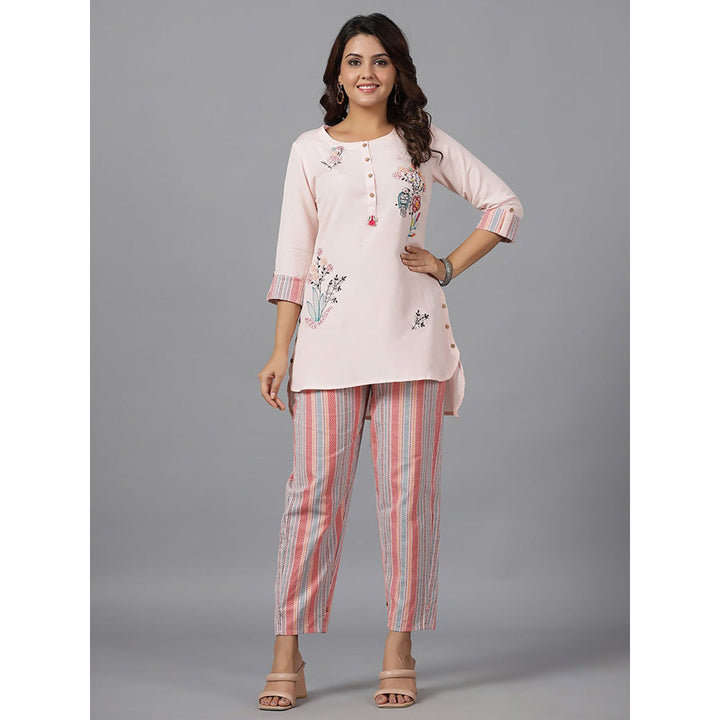 Juniper The Dhara Pink Rayon Top 7 Pants Co-Ord Set With Multi Color Embroidery (Set of 2)