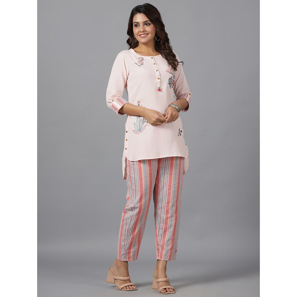 Juniper The Dhara Pink Rayon Top 7 Pants Co-Ord Set With Multi Color Embroidery (Set of 2)