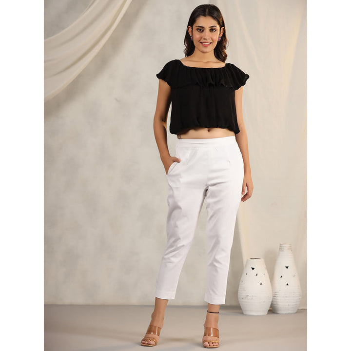 Juniper White Cotton Lycra Pants For Women with Partially Elasticated Waistband
