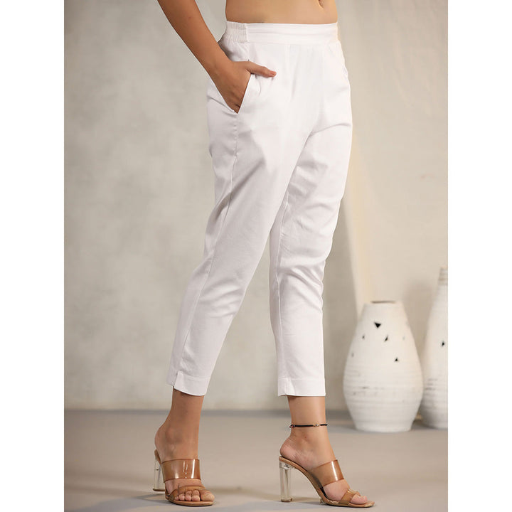 Juniper White Cotton Lycra Pants For Women with Partially Elasticated Waistband