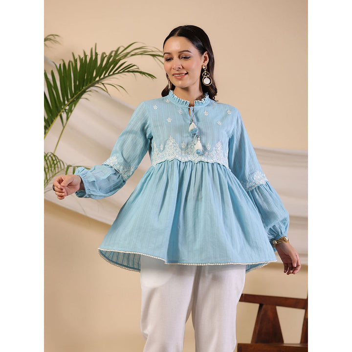 Juniper Blue Ethnic motif Cotton Dobby Tunic with the thread embroidery