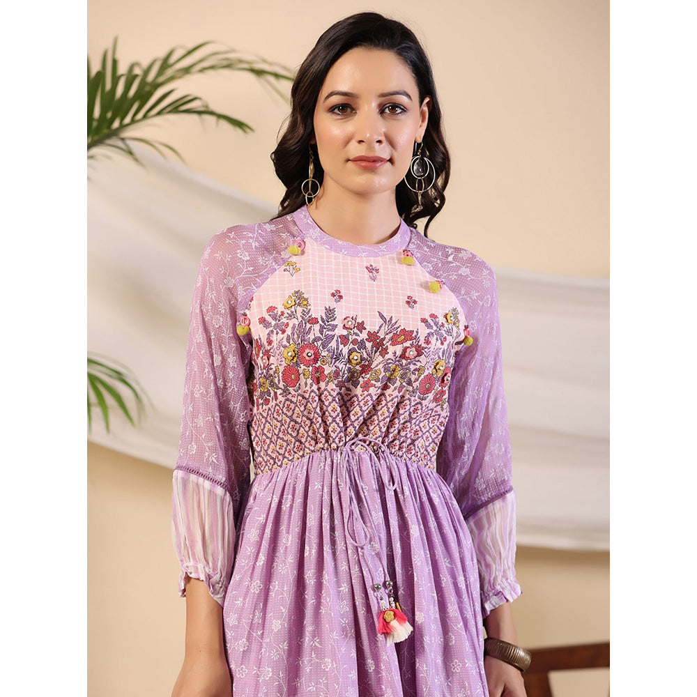 Juniper Purple Wonderland Cotton & Chiffon Floral Printed Tiered Maxi Dress With 3D Handwork