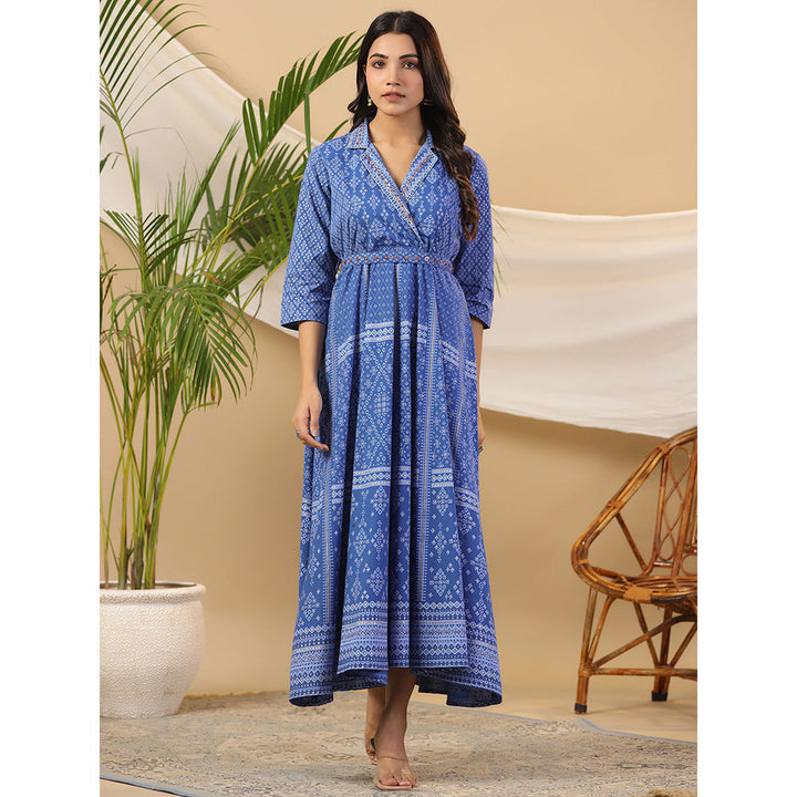 Juniper Blue Cotton Geometric Printed Fit & Flare Maxi Dress With Beads & Sequins (Set of 2)