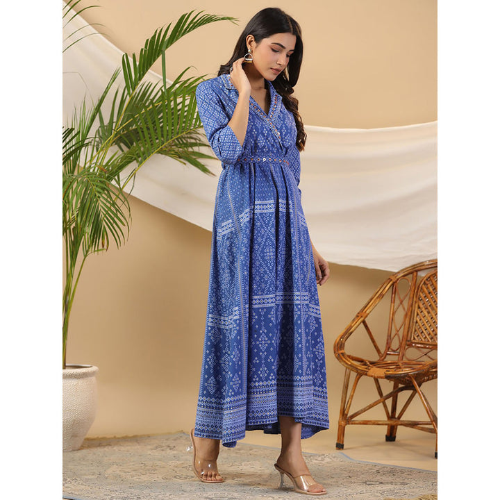 Juniper Blue Cotton Geometric Printed Fit & Flare Maxi Dress With Beads & Sequins (Set of 2)