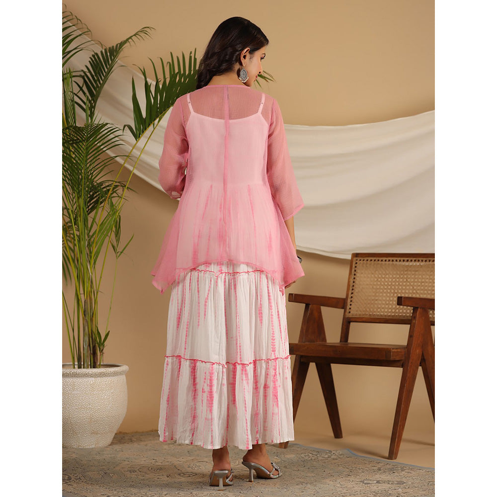 Juniper Pink Geometric Printed Pure Cotton Dress & Kota Doria Dupatta within Mirror Work.