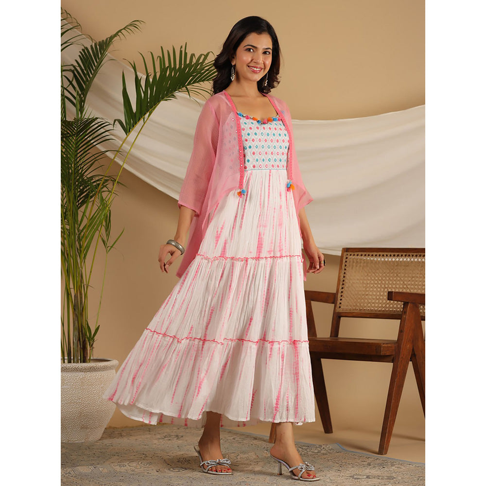 Juniper Pink Geometric Printed Pure Cotton Dress & Kota Doria Dupatta within Mirror Work.