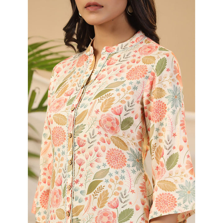 Juniper Ivory Floral Printed Rayon High-Low Tunic with Lace Work