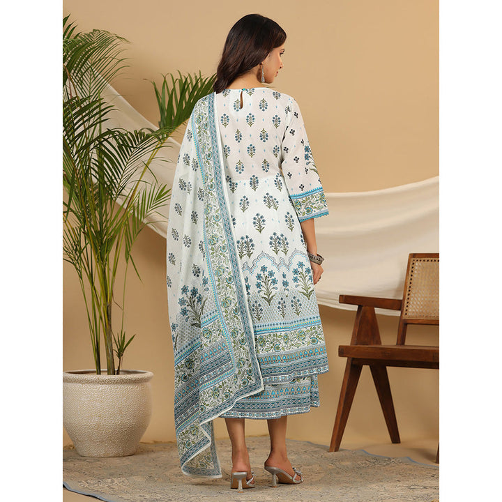 Juniper Sky Blue Ethnic Motif Printed Pure Cotton Layered Dress & Kota Dupatta Set