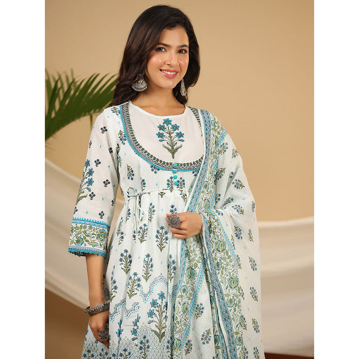 Juniper Sky Blue Ethnic Motif Printed Pure Cotton Layered Dress & Kota Dupatta Set
