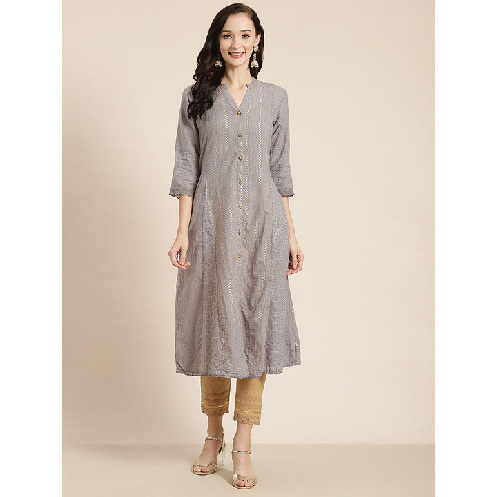 Juniper Grey Solid Cotton Dobby A-Line Kurta with Buttons