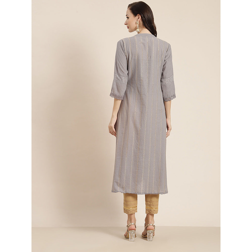 Juniper Grey Solid Cotton Dobby A-Line Kurta with Buttons