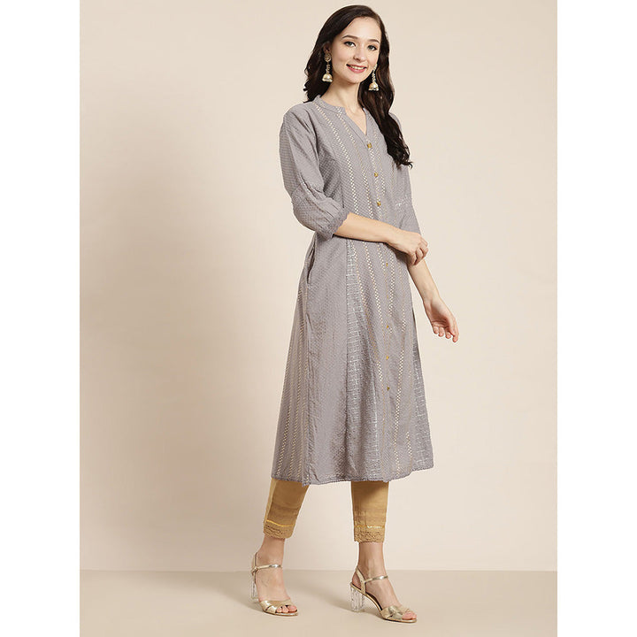 Juniper Grey Solid Cotton Dobby A-Line Kurta with Buttons