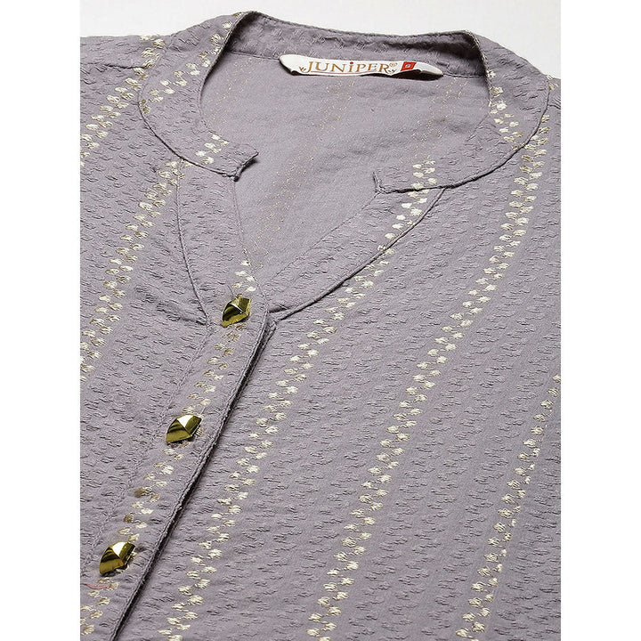 Juniper Grey Solid Cotton Dobby A-Line Kurta with Buttons