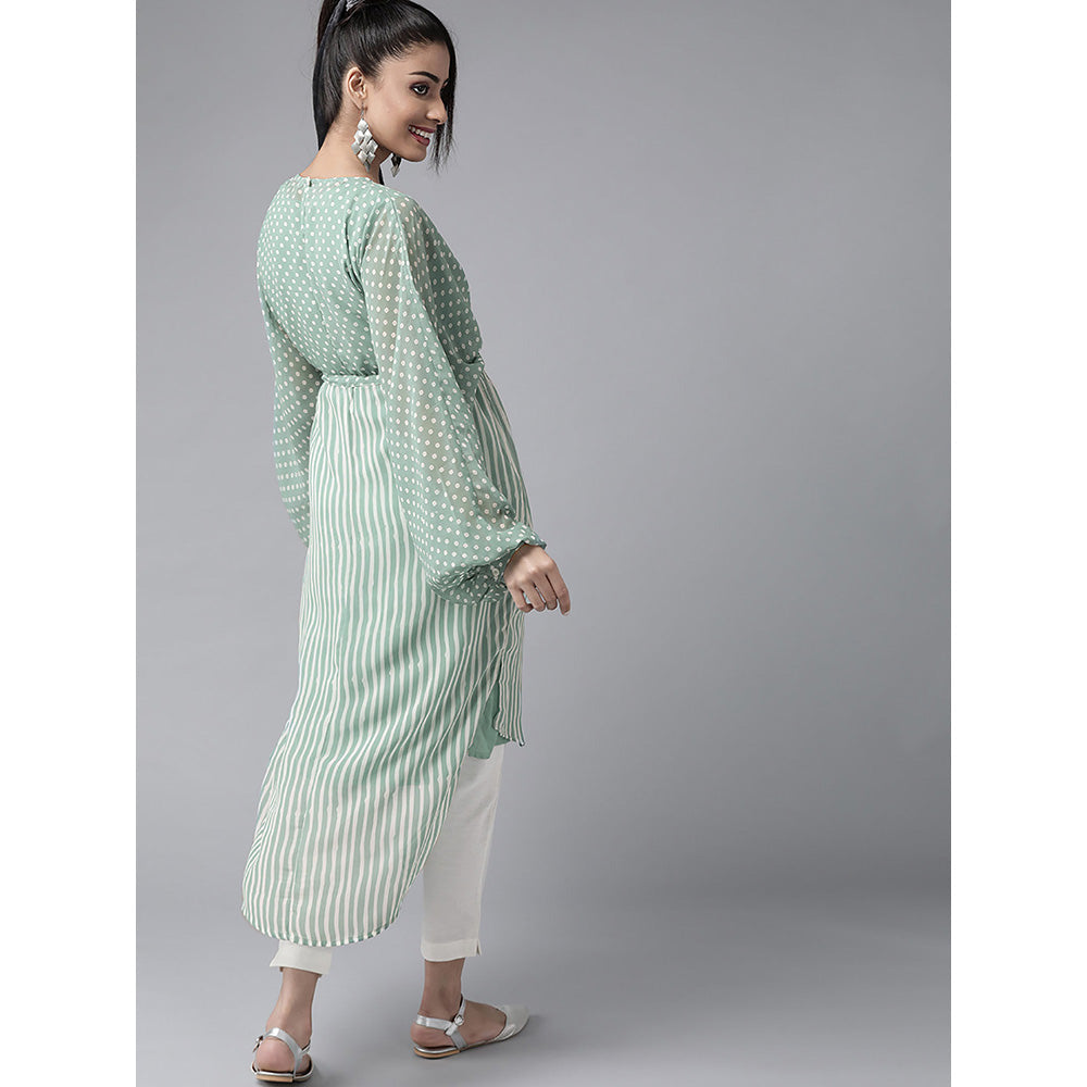 Juniper Sage Green Stripes Printed Georgette High-Low Tunic & Inner with Drawstring At Waist