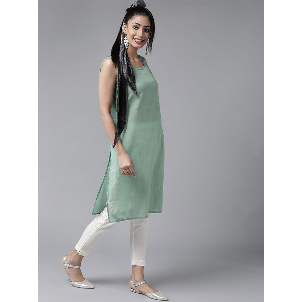 Juniper Sage Green Stripes Printed Georgette High-Low Tunic & Inner with Drawstring At Waist