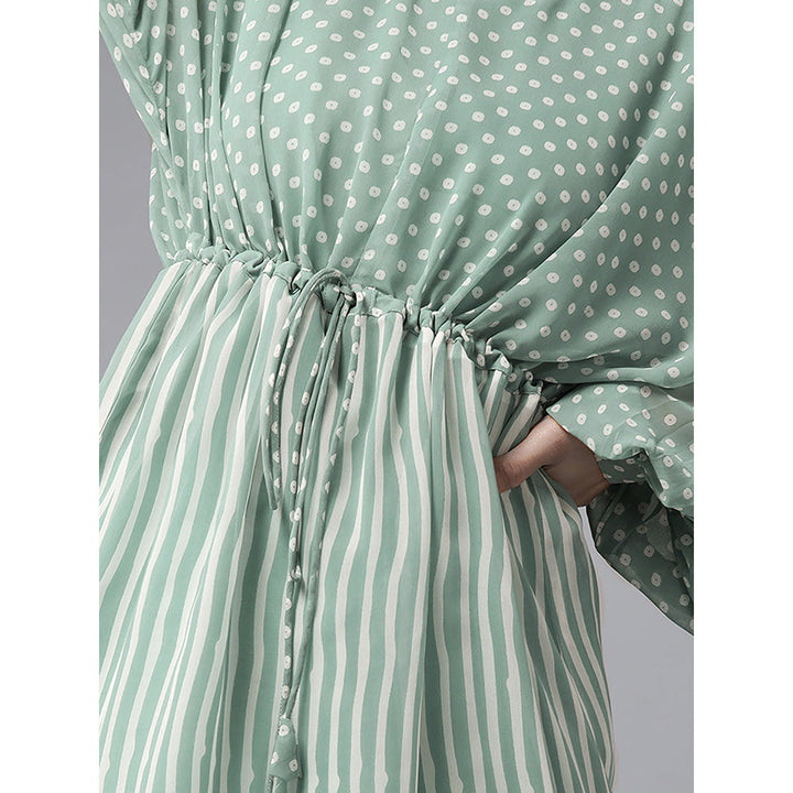 Juniper Sage Green Stripes Printed Georgette High-Low Tunic & Inner with Drawstring At Waist