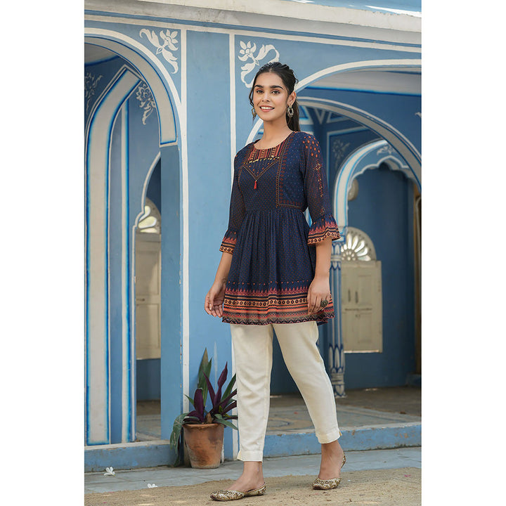 Juniper Indigo Geometric Printed Georgette Peplum Tunic with Tassels