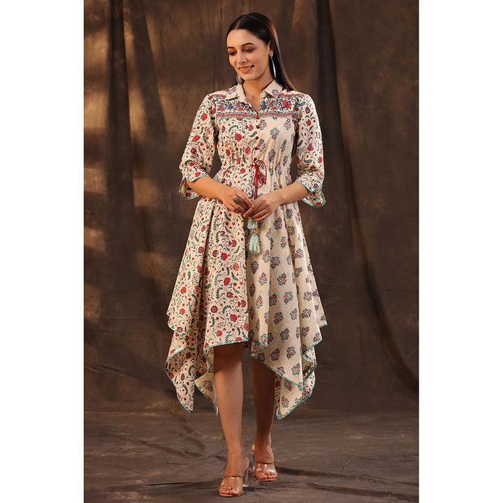 Juniper Beige Pure Cotton Floral Printed Kurta & Palazzo Set with Buttons.