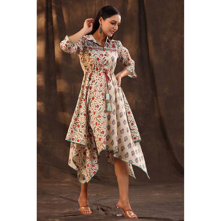 Juniper Beige Pure Cotton Floral Printed Kurta & Palazzo Set with Buttons.