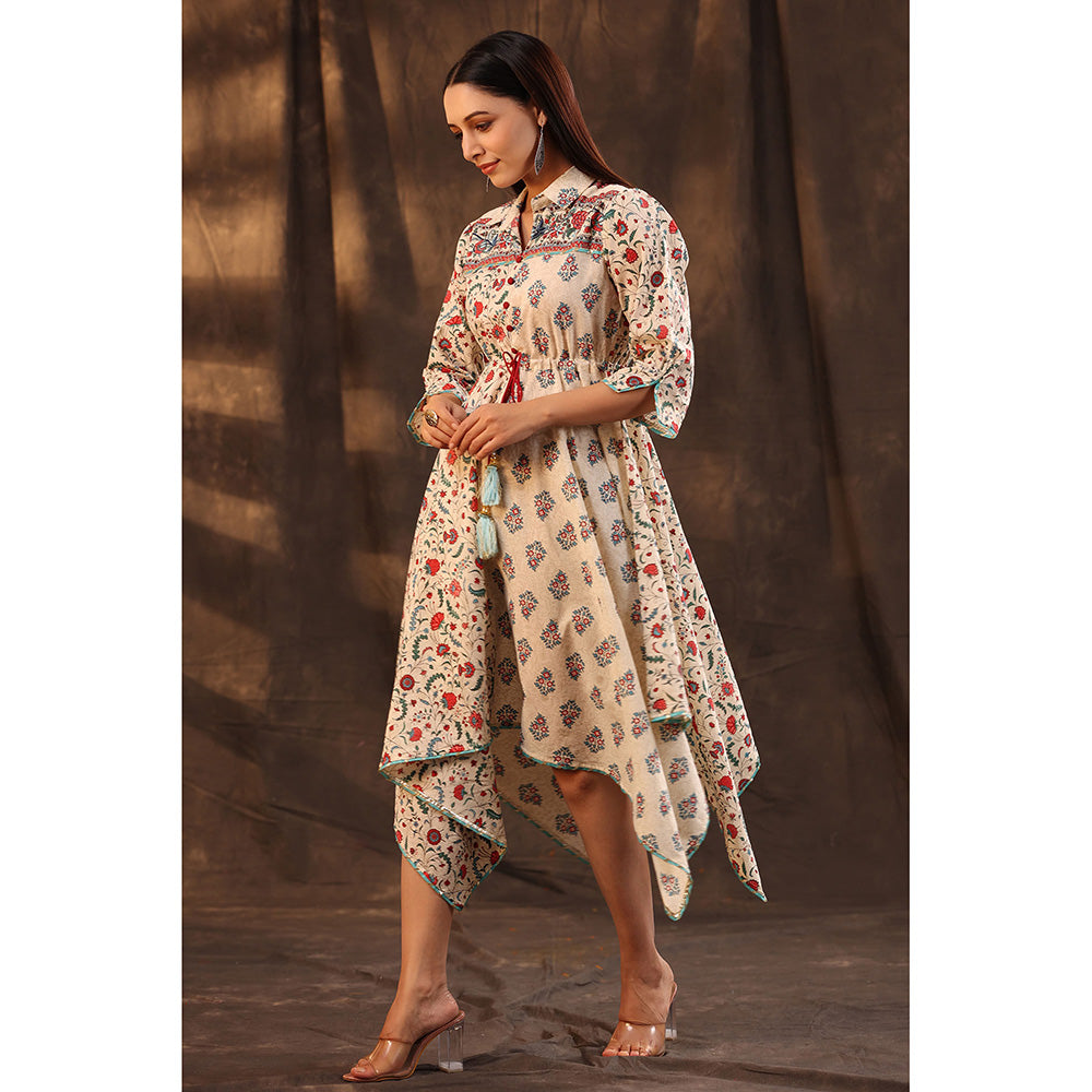 Juniper Beige Pure Cotton Floral Printed Kurta & Palazzo Set with Buttons.