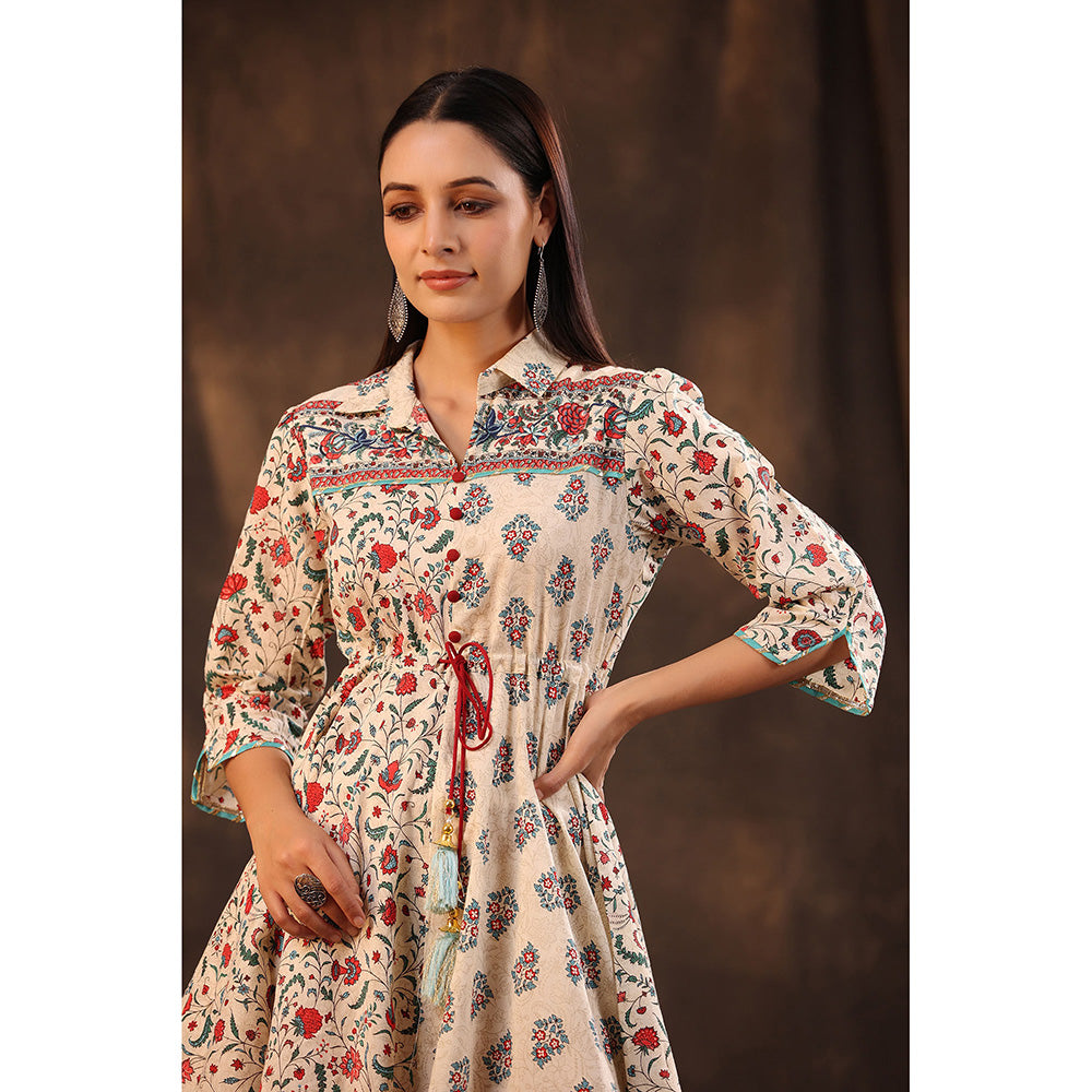 Juniper Beige Pure Cotton Floral Printed Kurta & Palazzo Set with Buttons.