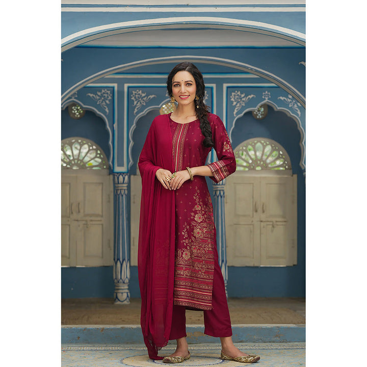 Juniper Maroon Ethnic Motif Printed Shantoon Kurta Pants & Chiffon Dupatta Set.