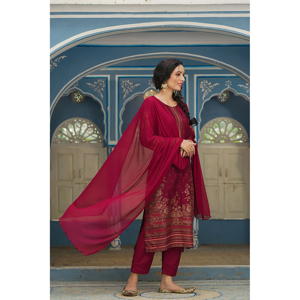 Juniper Maroon Ethnic Motif Printed Shantoon Kurta Pants & Chiffon Dupatta Set.