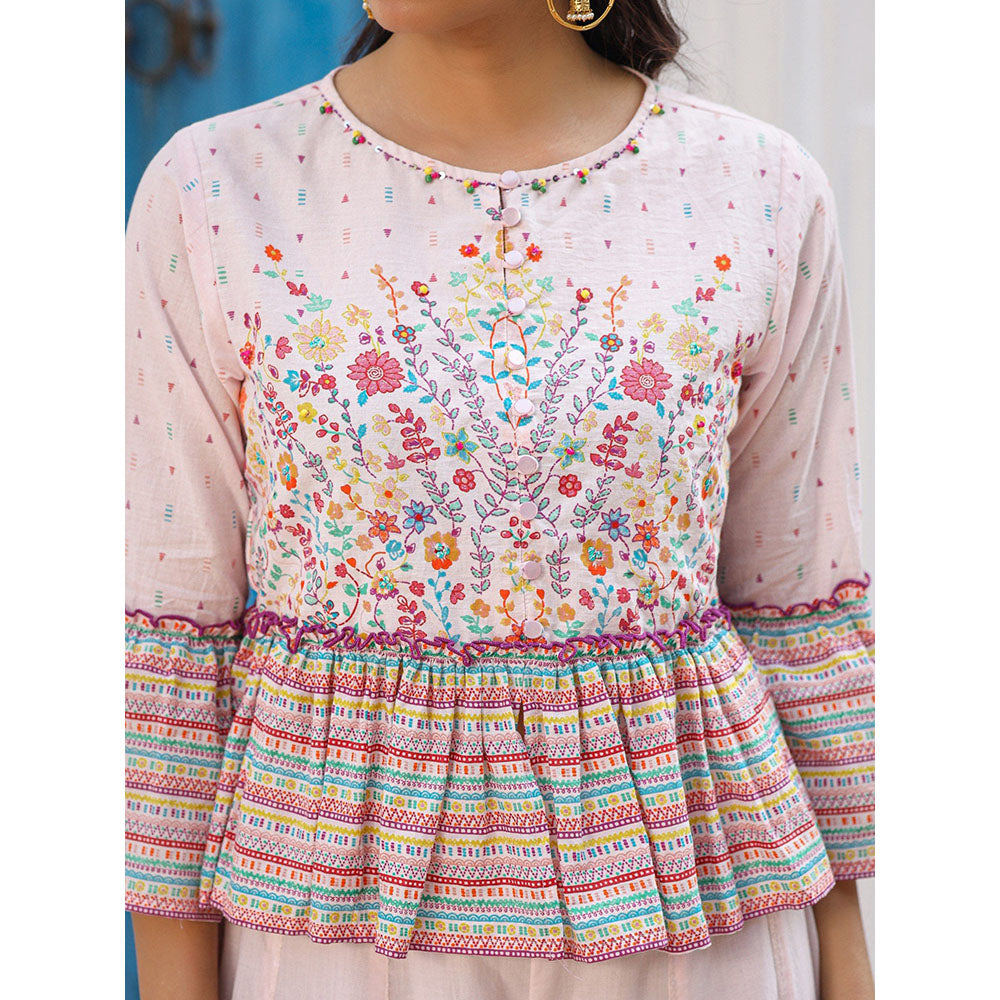 Juniper Pink Floral Printed Peplum Co-Ord Set With Kantha Work & Beads(Set of 2)