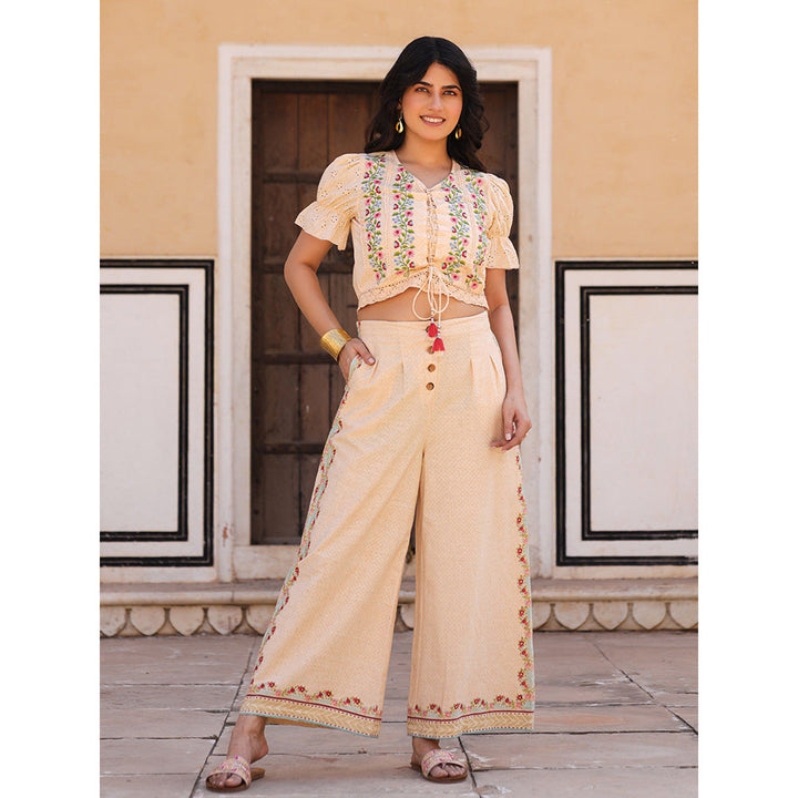 Juniper Beige Floral Printed Pure Cotton Crop Top & Pants with Thread Work Embroidery