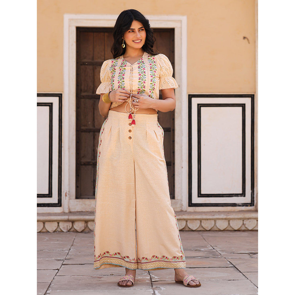 Juniper Beige Floral Printed Pure Cotton Crop Top & Pants with Thread Work Embroidery