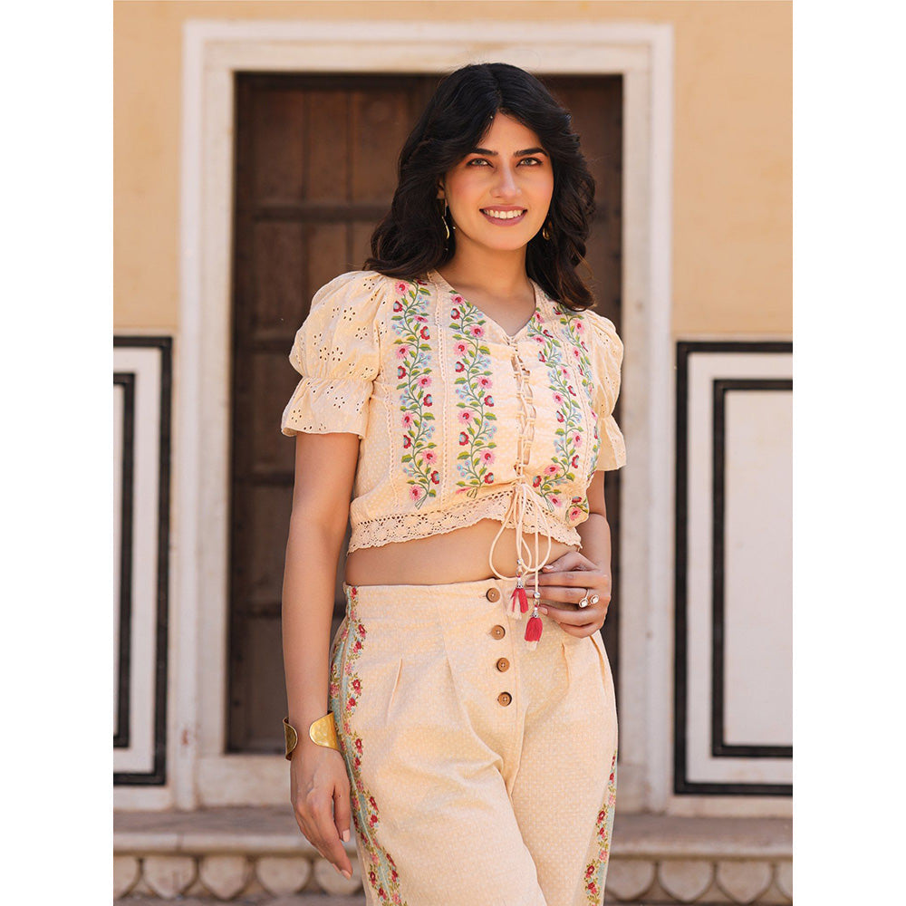 Juniper Beige Floral Printed Pure Cotton Crop Top & Pants with Thread Work Embroidery