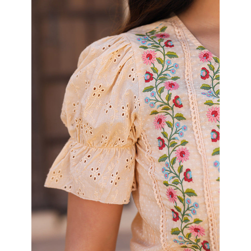 Juniper Beige Floral Printed Pure Cotton Crop Top & Pants with Thread Work Embroidery