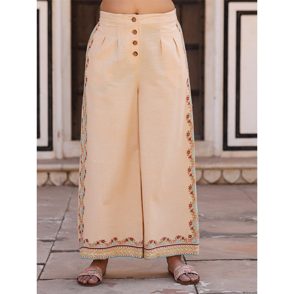 Juniper Beige Floral Printed Pure Cotton Crop Top & Pants with Thread Work Embroidery