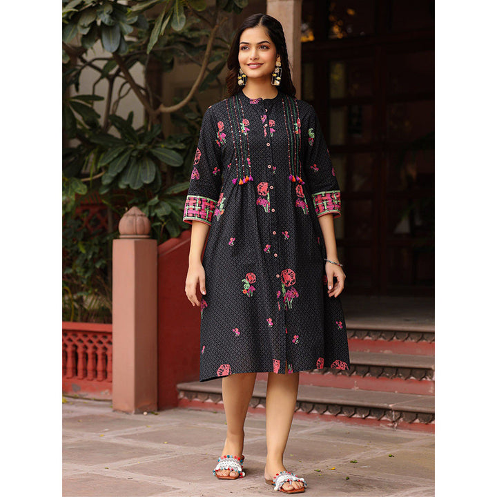 Juniper Black Floral Printed A-Line Pleated Cotton Dress With Kantha Work & Tassels