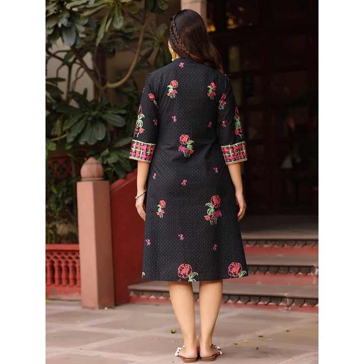 Juniper Black Floral Printed A-Line Pleated Cotton Dress With Kantha Work & Tassels