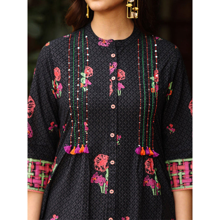 Juniper Black Floral Printed A-Line Pleated Cotton Dress With Kantha Work & Tassels