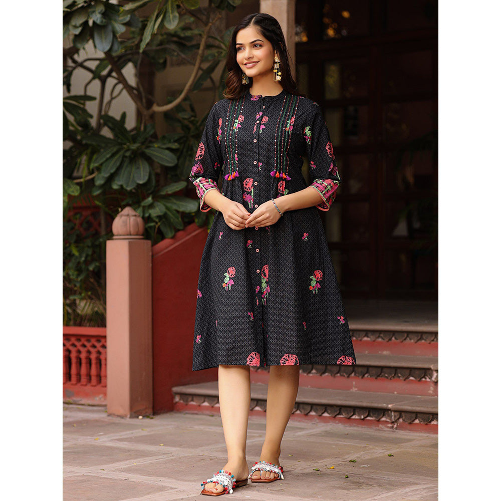 Juniper Black Floral Printed A-Line Pleated Cotton Dress With Kantha Work & Tassels