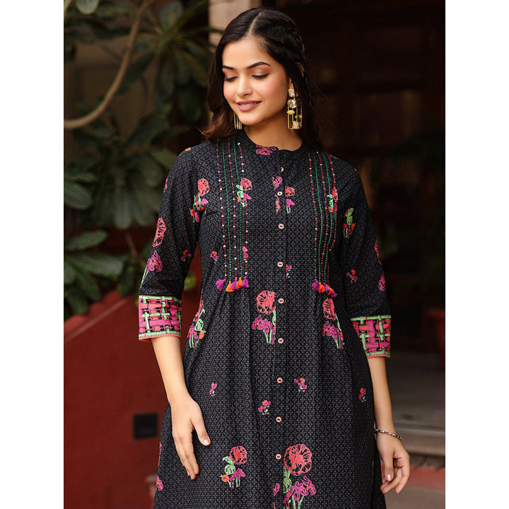 Juniper Black Floral Printed A-Line Pleated Cotton Dress With Kantha Work & Tassels