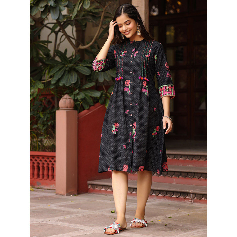 Juniper Black Floral Printed A-Line Pleated Cotton Dress With Kantha Work & Tassels