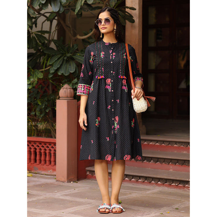 Juniper Black Floral Printed A-Line Pleated Cotton Dress With Kantha Work & Tassels