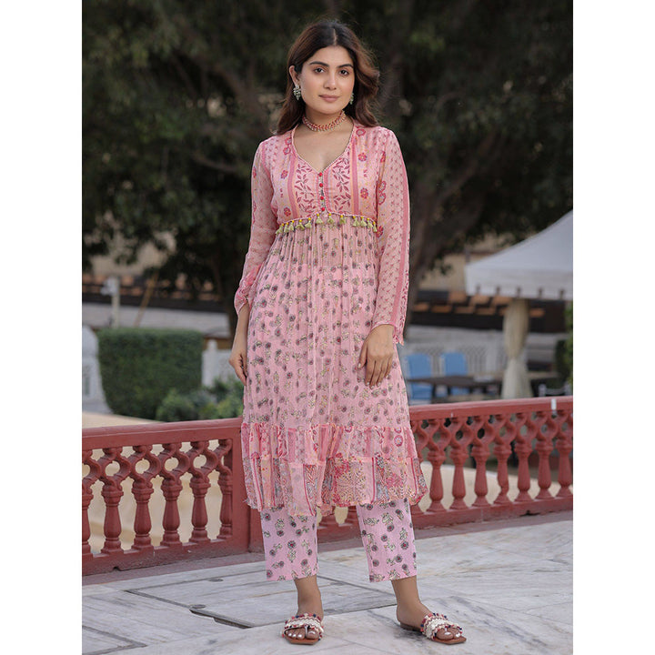 Juniper Peach Floral Printed High Slit Lacy Chiffon Kurta With Pants Set (2-Pcs)(Set of 2)