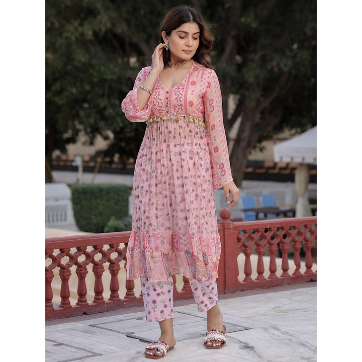 Juniper Peach Floral Printed High Slit Lacy Chiffon Kurta With Pants Set (2-Pcs)(Set of 2)