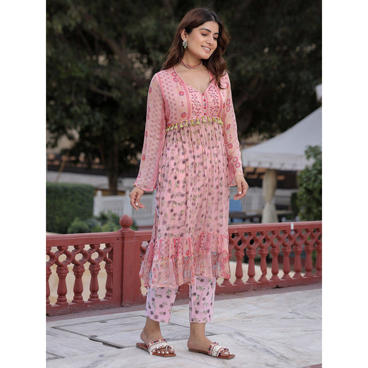 Juniper Peach Floral Printed High Slit Lacy Chiffon Kurta With Pants Set (2-Pcs)(Set of 2)